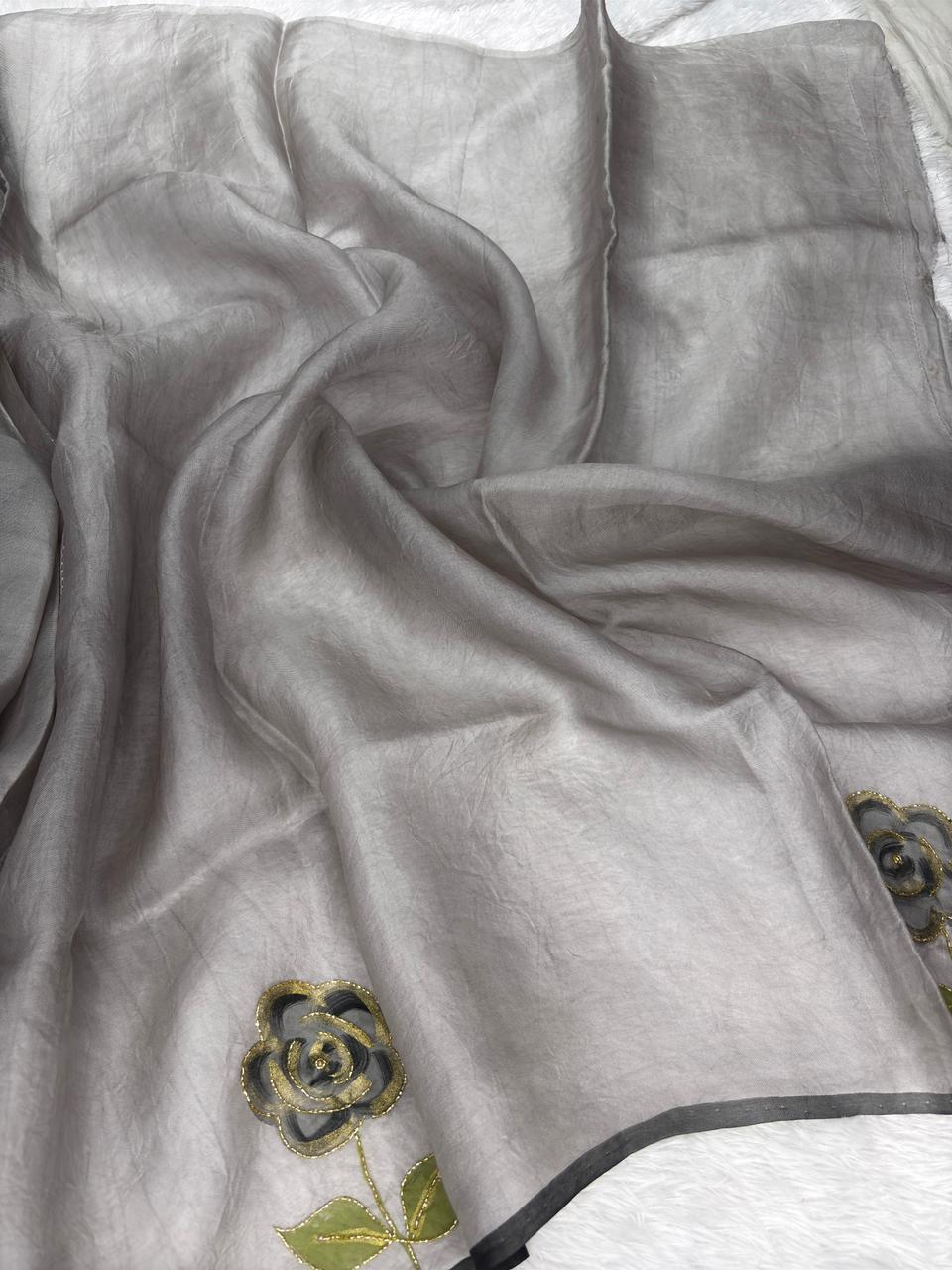 Silver Grey Banarasi Hand Work Saree with Hand-Appliqué Roses