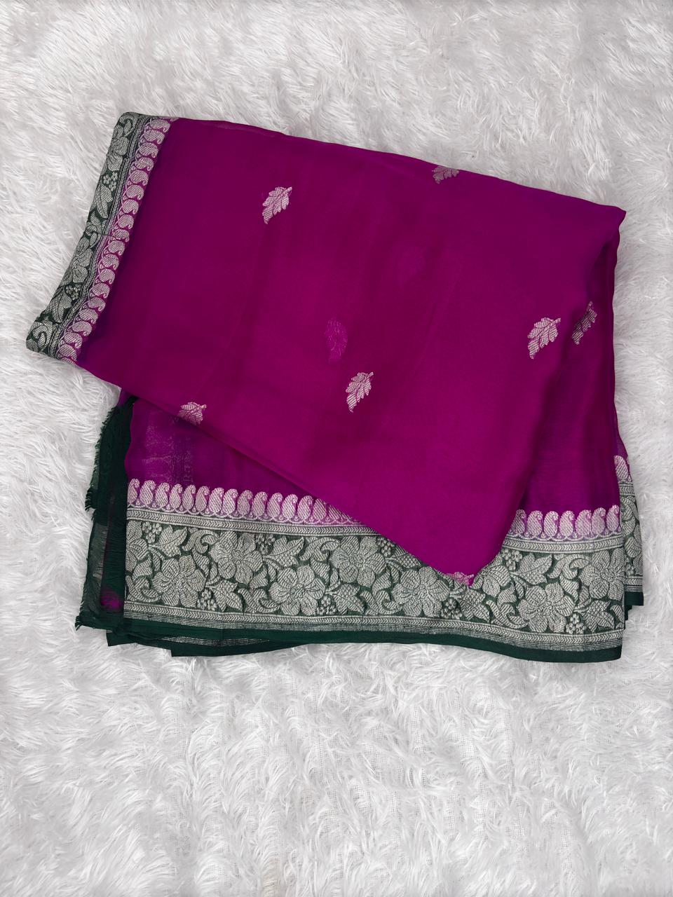 Pure Khaddi Chiffon Banarasi Saree in Magenta & Bottle Green with Silver Zari