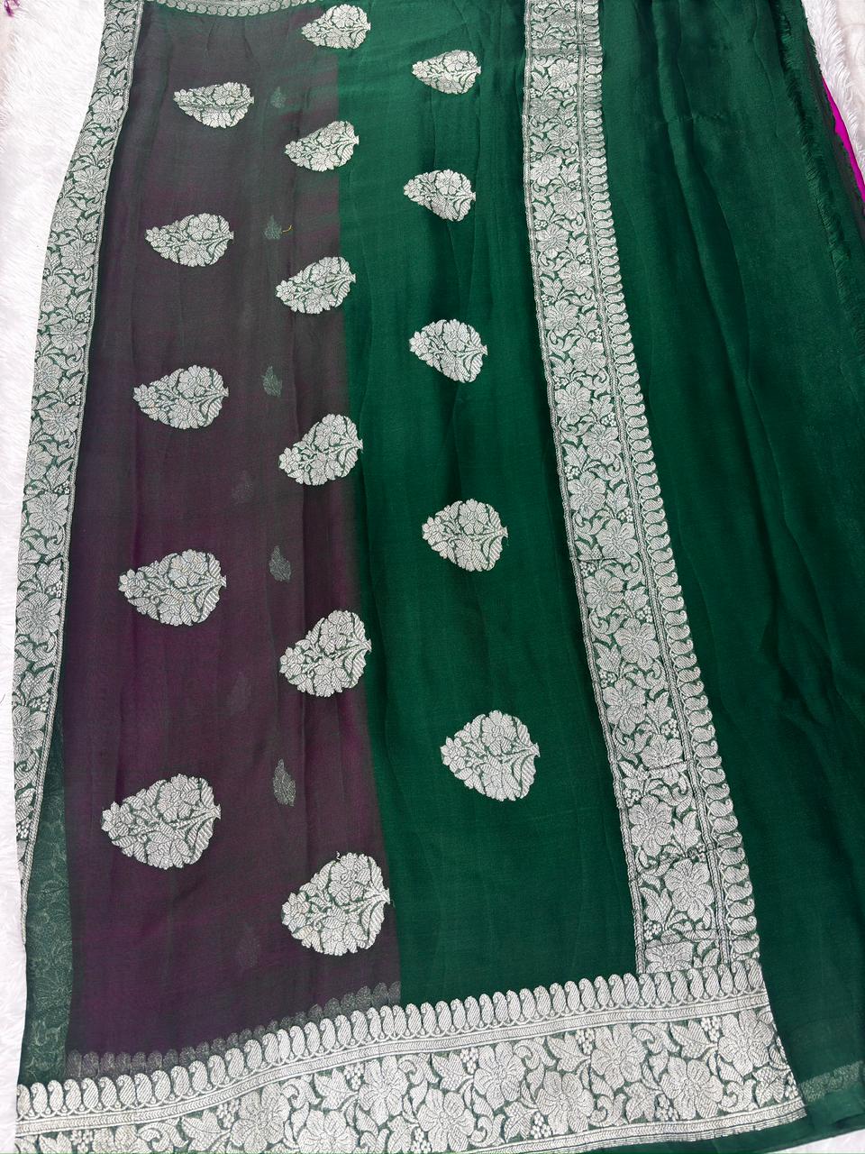 Pure Khaddi Chiffon Banarasi Saree in Magenta & Bottle Green with Silver Zari