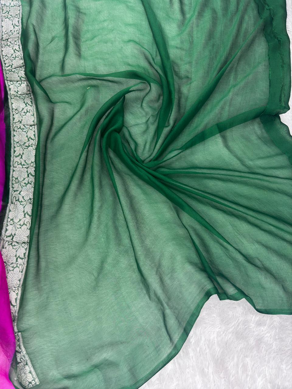 Pure Khaddi Chiffon Banarasi Saree in Magenta & Bottle Green with Silver Zari