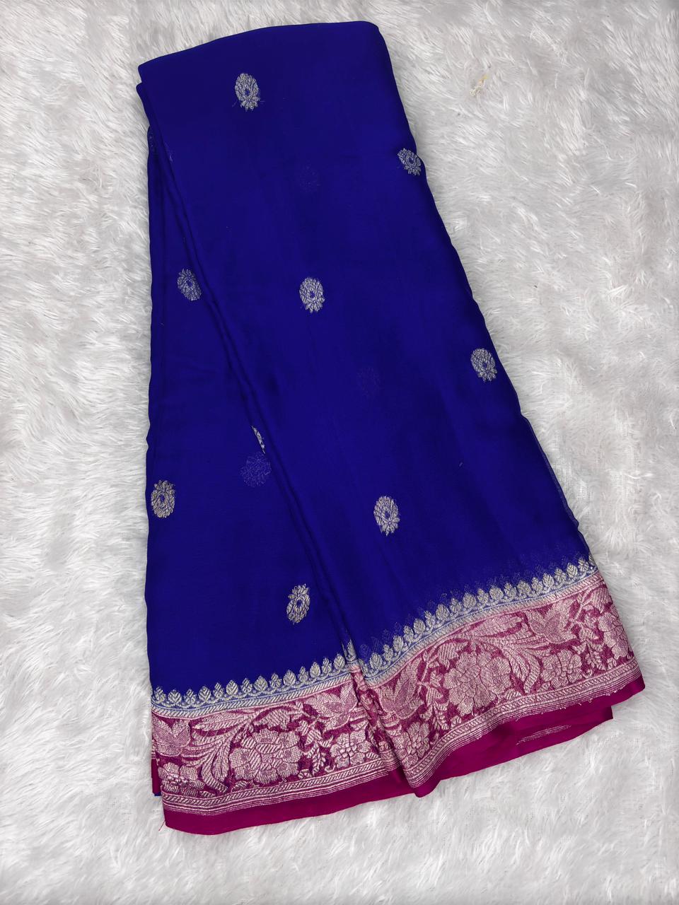 Royal Blue & Rani Pink Pure Khaddi Chiffon Banarasi Saree with Silver Zari