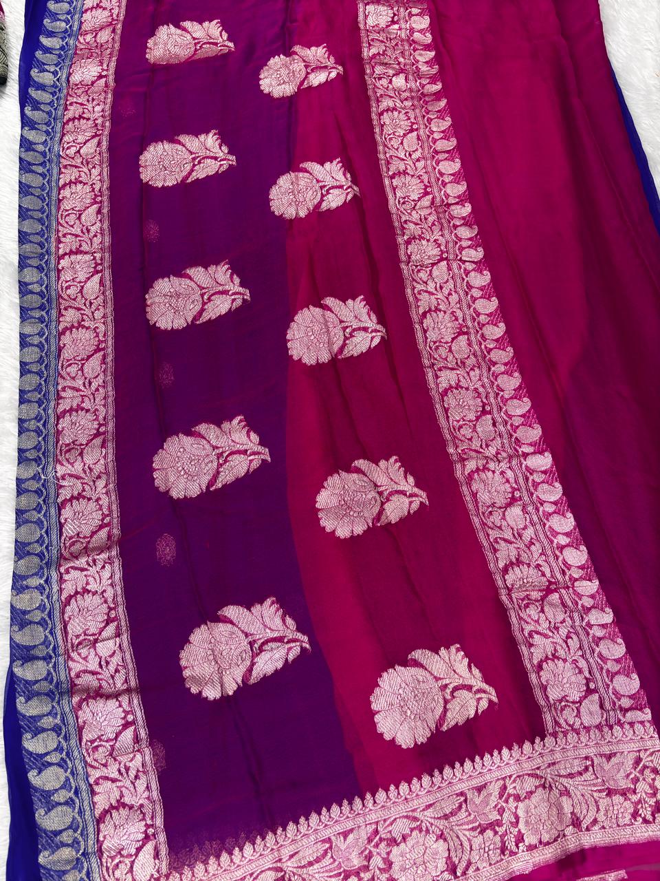 Royal Blue & Rani Pink Pure Khaddi Chiffon Banarasi Saree with Silver Zari