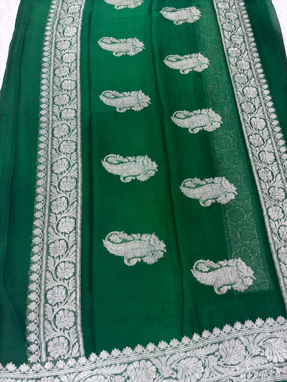 The Emerald Enchantress: Pure Khaddi Chiffon Banarasi Saree