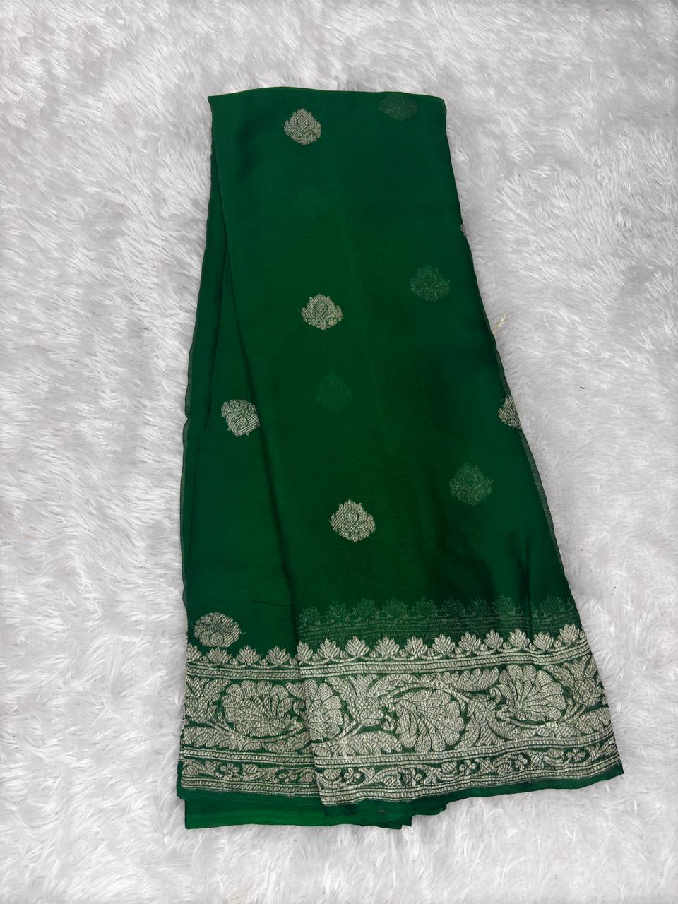 The Emerald Enchantress: Pure Khaddi Chiffon Banarasi Saree