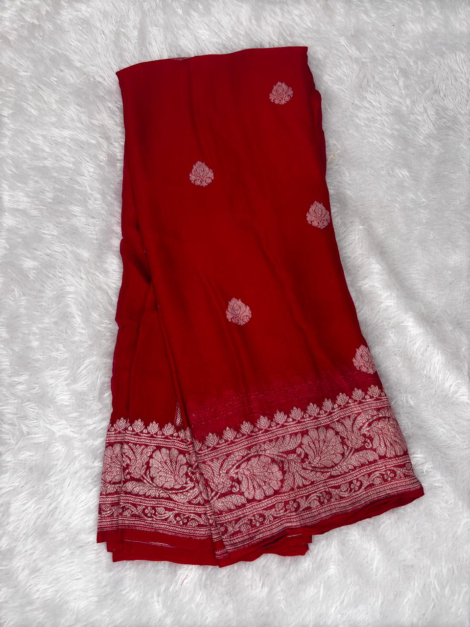 The Crimson Queen: Pure Khaddi Chiffon Banarasi Saree