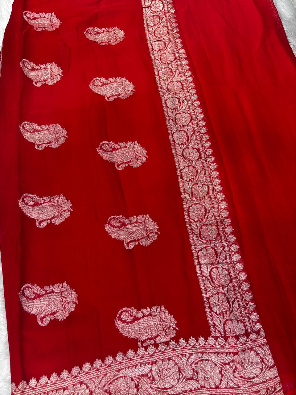 The Crimson Queen: Pure Khaddi Chiffon Banarasi Saree