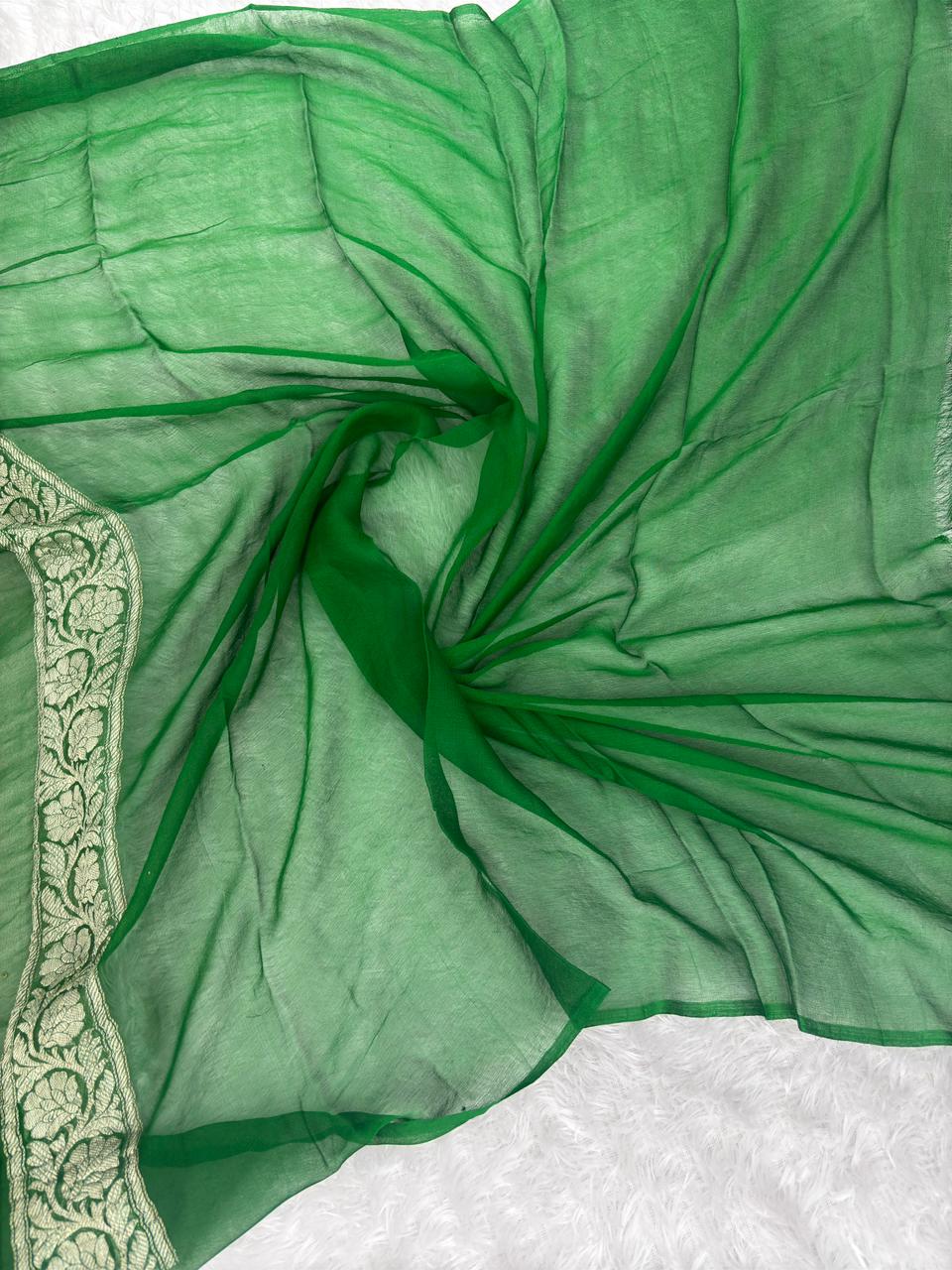 The Emerald Enchantress: Pure Khaddi Chiffon Banarasi Saree