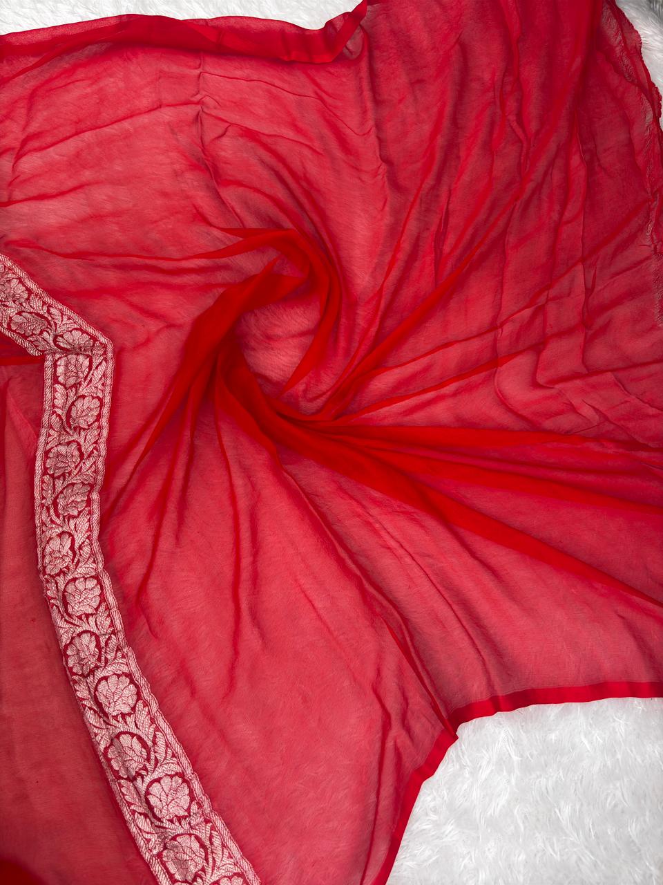 The Crimson Queen: Pure Khaddi Chiffon Banarasi Saree