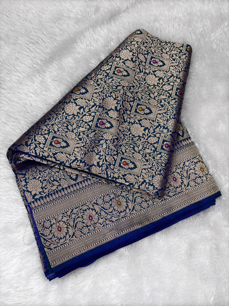 Royal Blue Banarasi Katan Silk Brocade Saree with Meenakari Jaal & Zari Pallu
