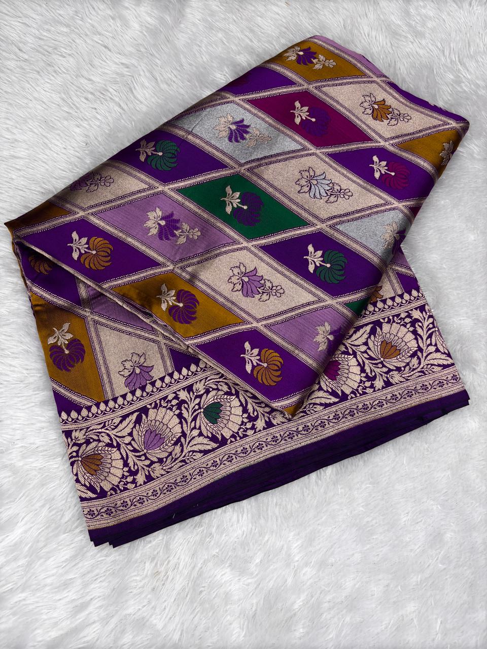Majestic Purple Rungkaat Katan Silk Handloom Saree with Cutwork Geometric Jaal