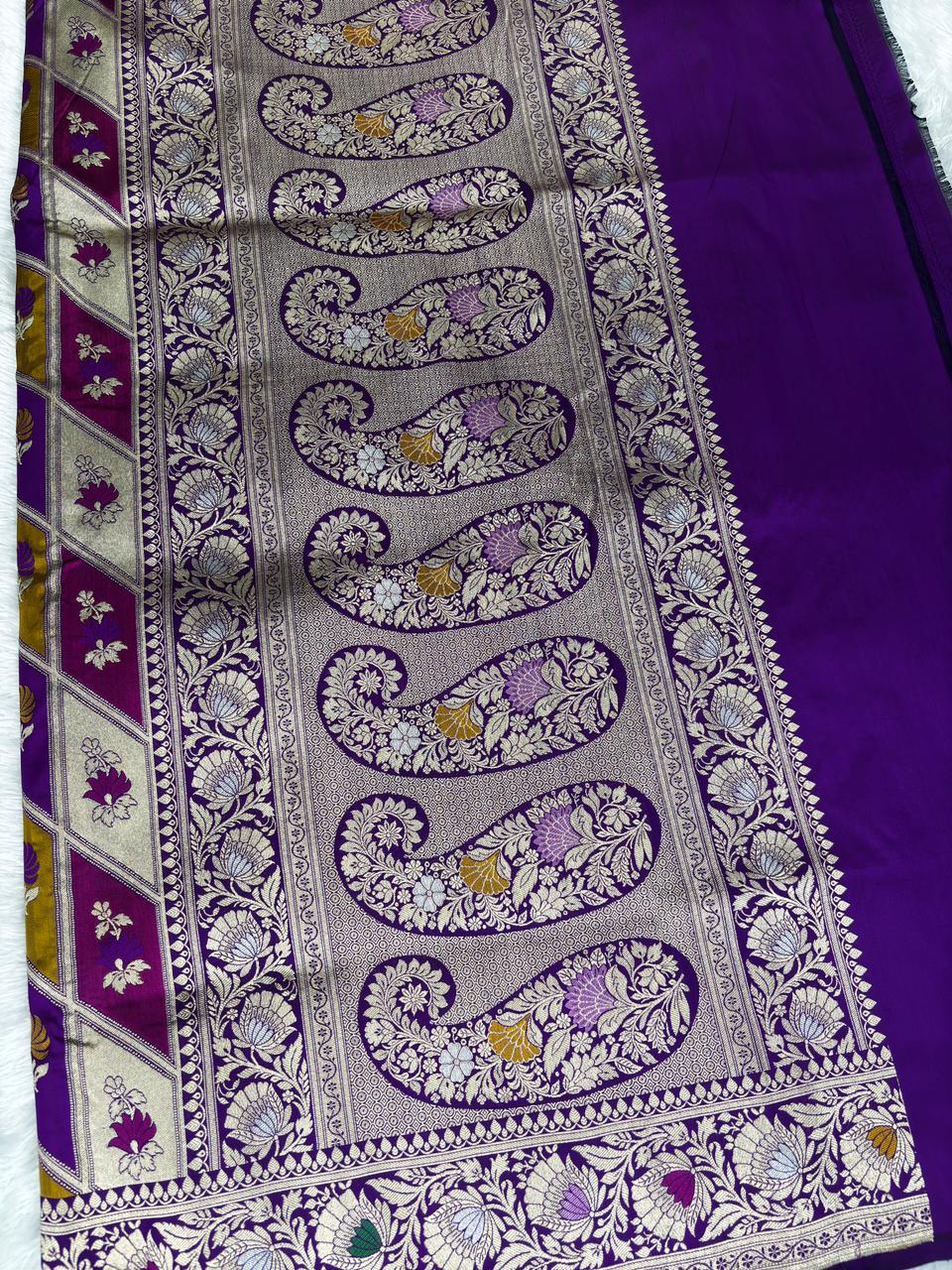 Majestic Purple Rungkaat Katan Silk Handloom Saree with Cutwork Geometric Jaal