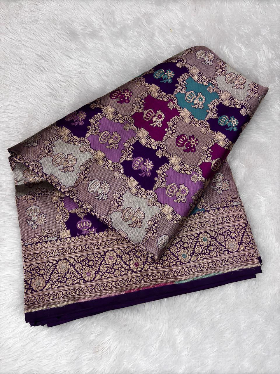 Royal Purple Rungkaat Cutwork Pure Katan Silk Handloom Saree with Geometric Kalash Jaal