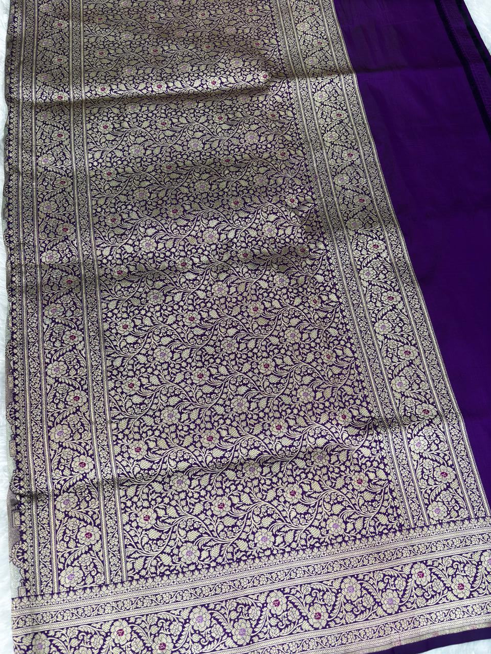 Royal Purple Rungkaat Cutwork Pure Katan Silk Handloom Saree with Geometric Kalash Jaal