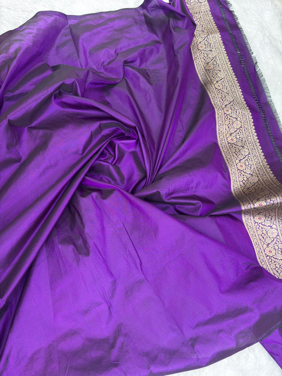 Royal Purple Rungkaat Cutwork Pure Katan Silk Handloom Saree with Geometric Kalash Jaal