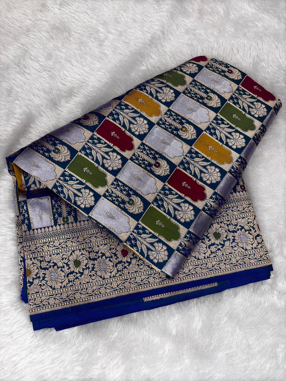 Majestic Royal Blue Rungkaat Katan Silk Saree with Mughal Mehrab Cutwork Jaal