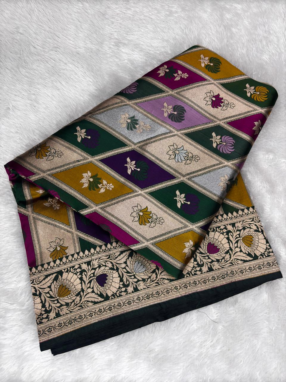 Majestic Royal Blue Rungkaat Katan Silk Saree with Mughal Mehrab Cutwork Jaal