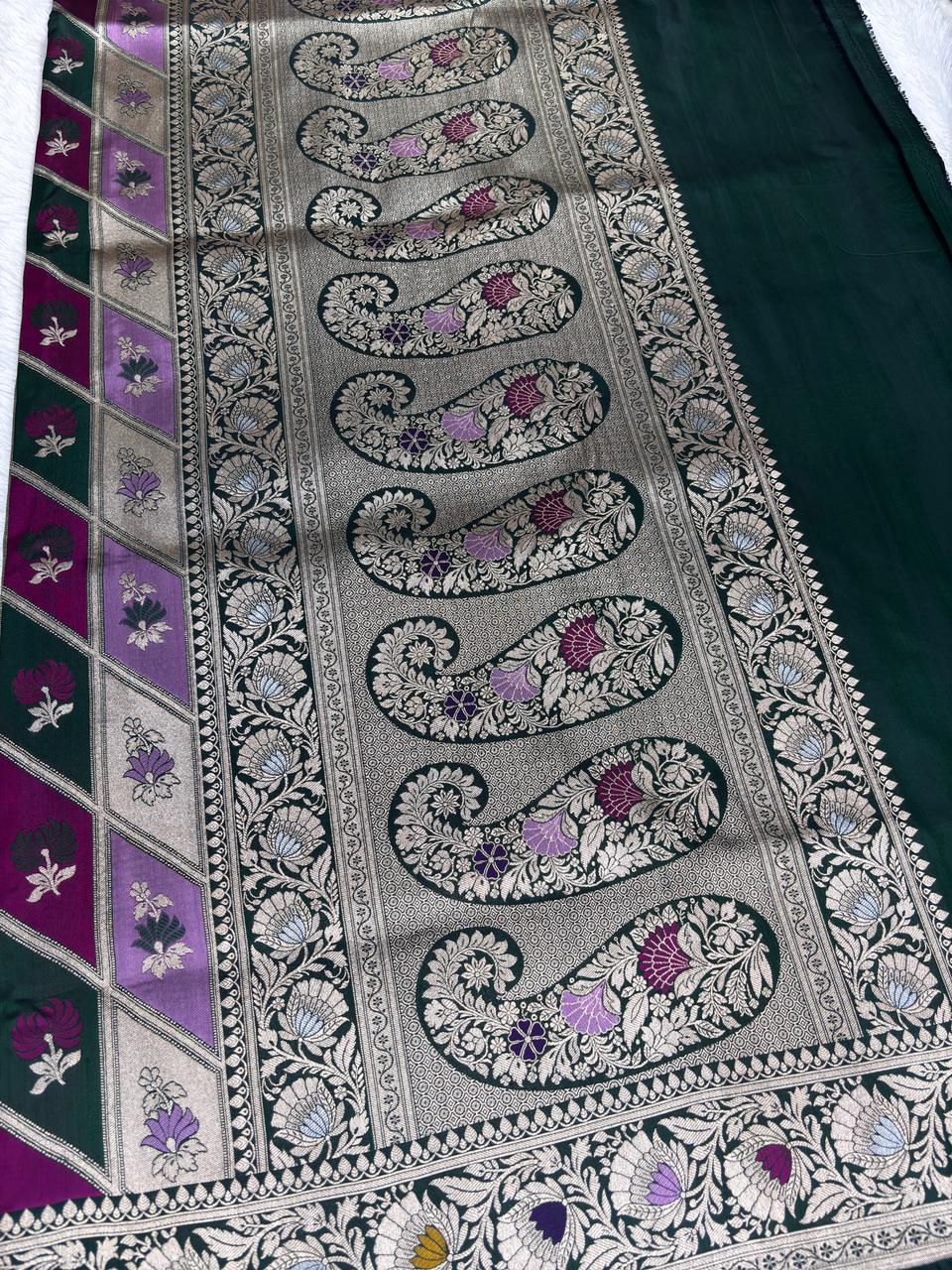 Majestic Royal Blue Rungkaat Katan Silk Saree with Mughal Mehrab Cutwork Jaal