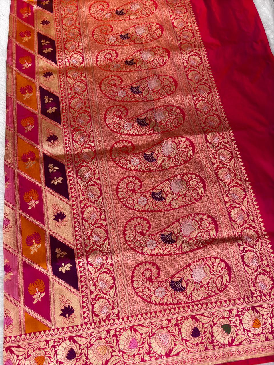 Majestic Royal Blue Rungkaat Katan Silk Saree with Mughal Mehrab Cutwork Jaal