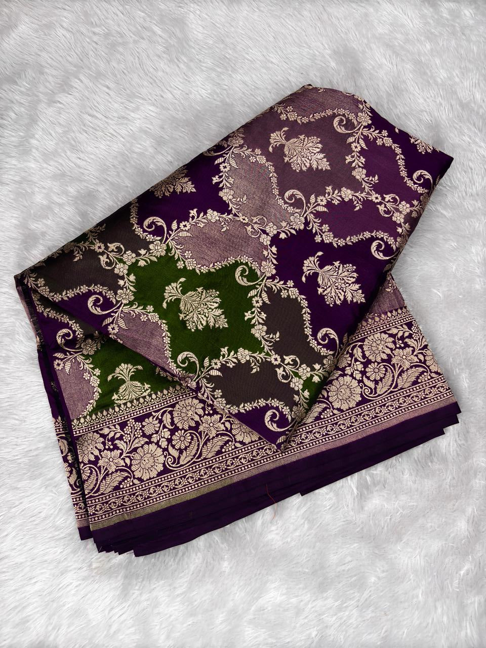 Heritage Purple & Green Rungkaat Katan Silk Saree with Floral Cutwork