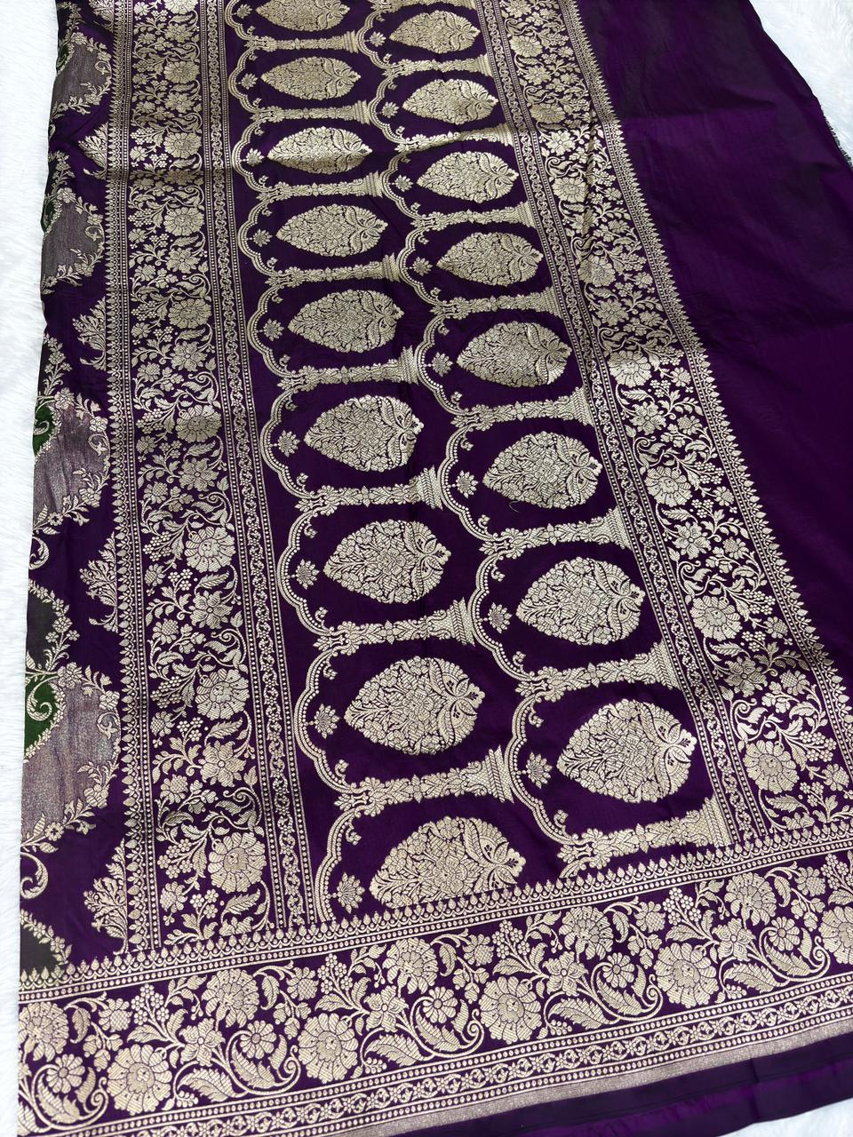 Heritage Purple & Green Rungkaat Katan Silk Saree with Floral Cutwork