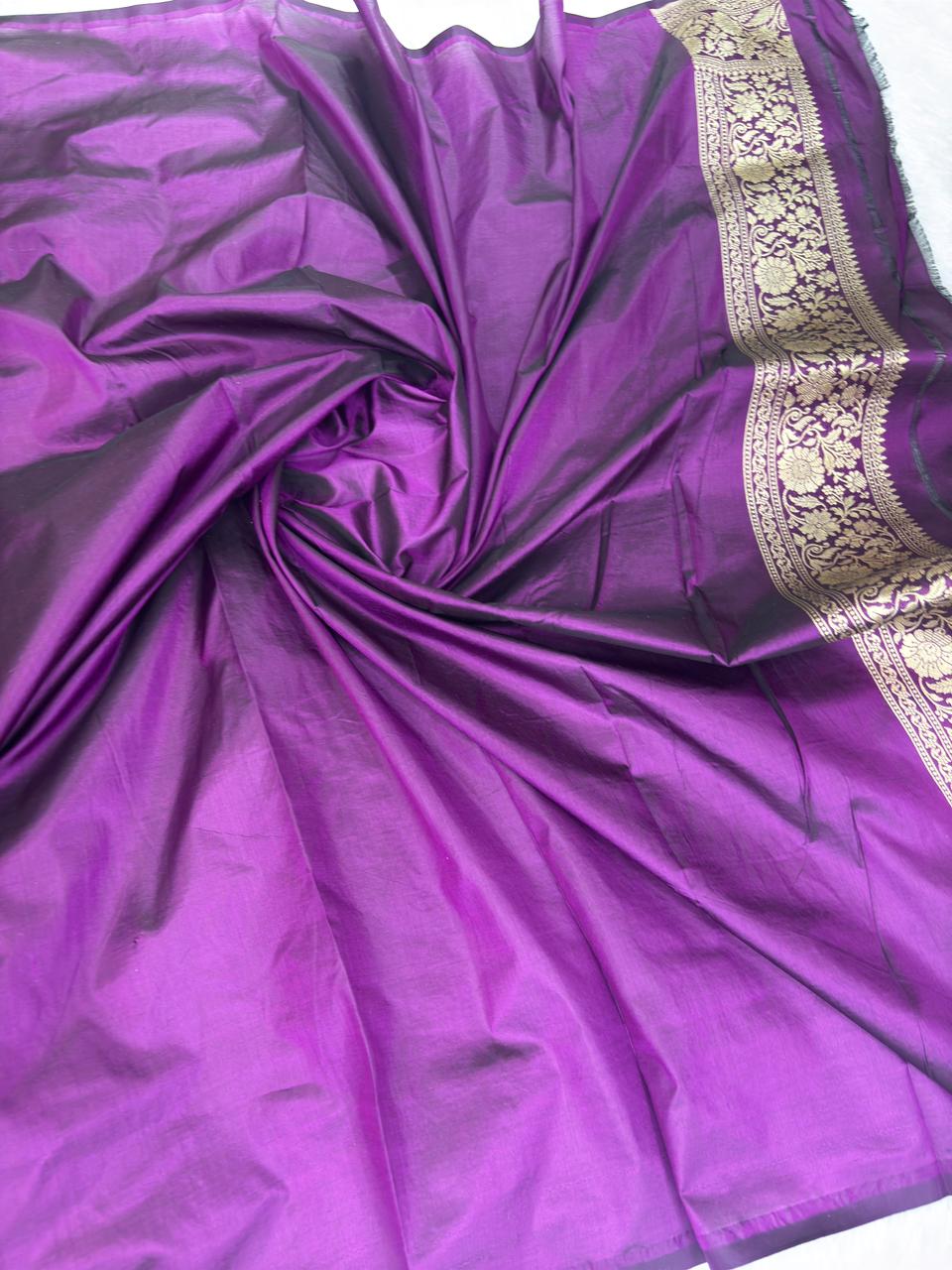 Heritage Purple & Green Rungkaat Katan Silk Saree with Floral Cutwork