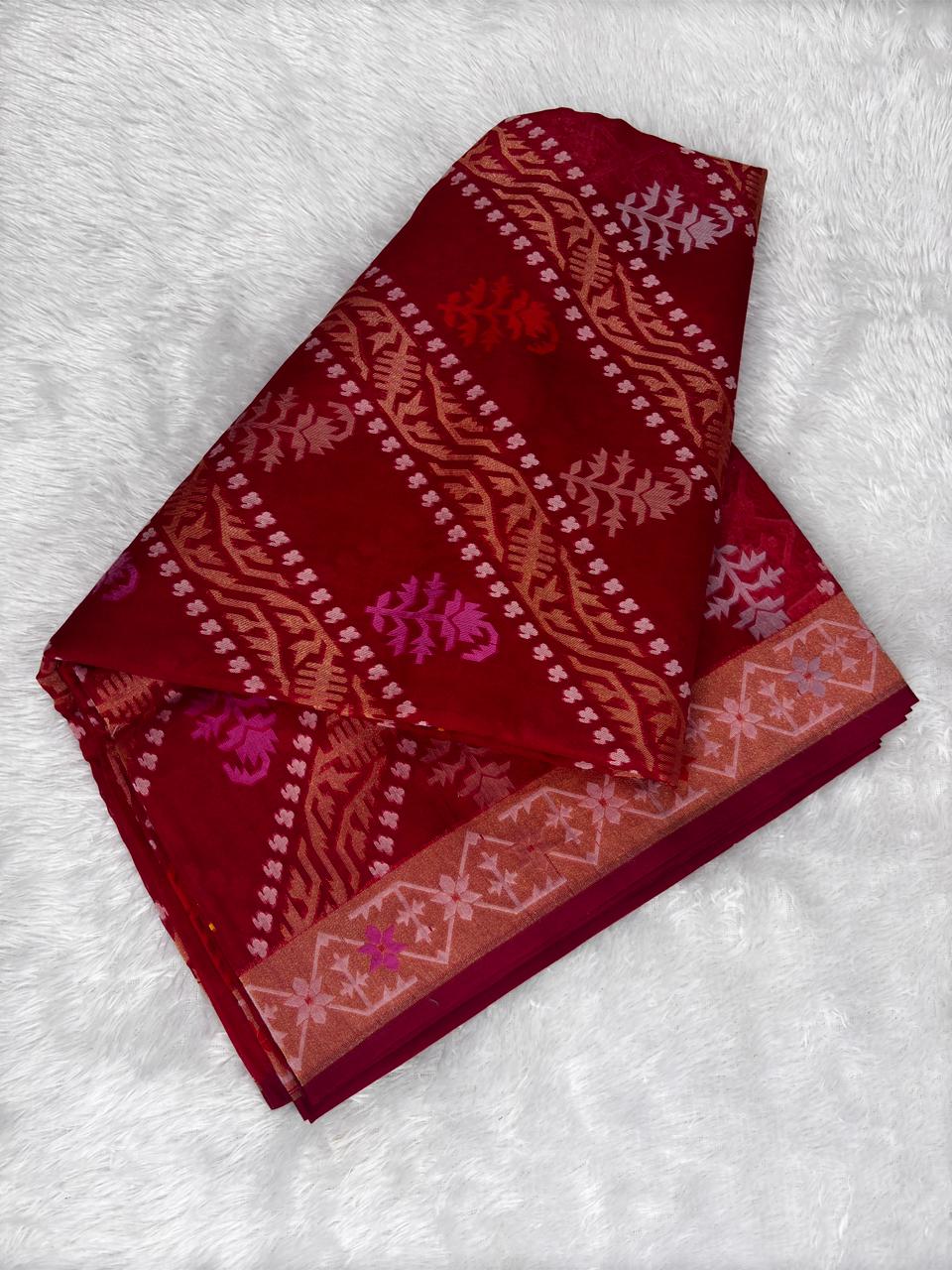 Exquisite Ruby Red Premium Banarasi Jamdani Saree with Leheriya Meenakari Work