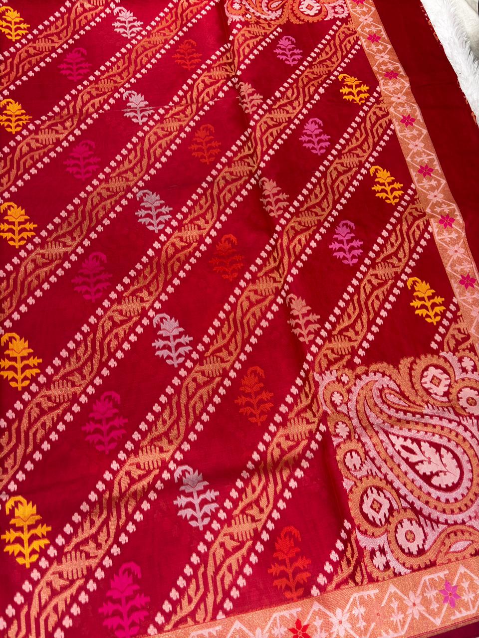 Exquisite Ruby Red Premium Banarasi Jamdani Saree with Leheriya Meenakari Work