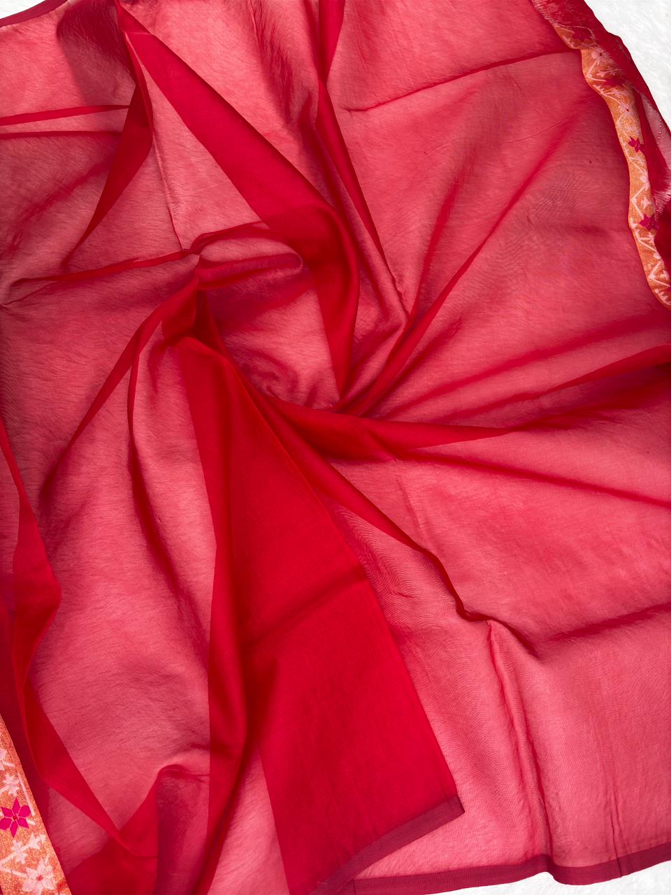 Exquisite Ruby Red Premium Banarasi Jamdani Saree with Leheriya Meenakari Work