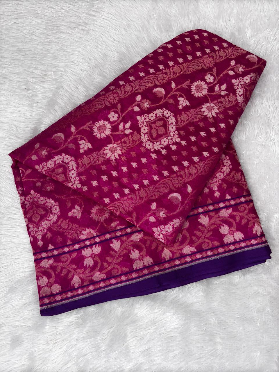 Premium Ruby Red Jamdani Saree with Leheriya Floral Vines