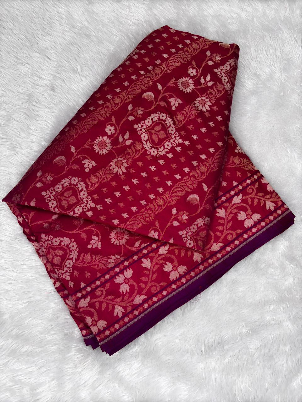 Regal Deep Red Premium Jamdani Saree with Floral Panel Work