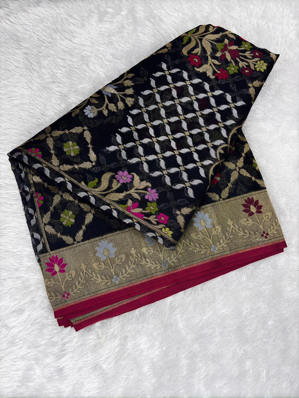 Midnight Black Premium Jamdani Saree with Floral Trellis Jaal