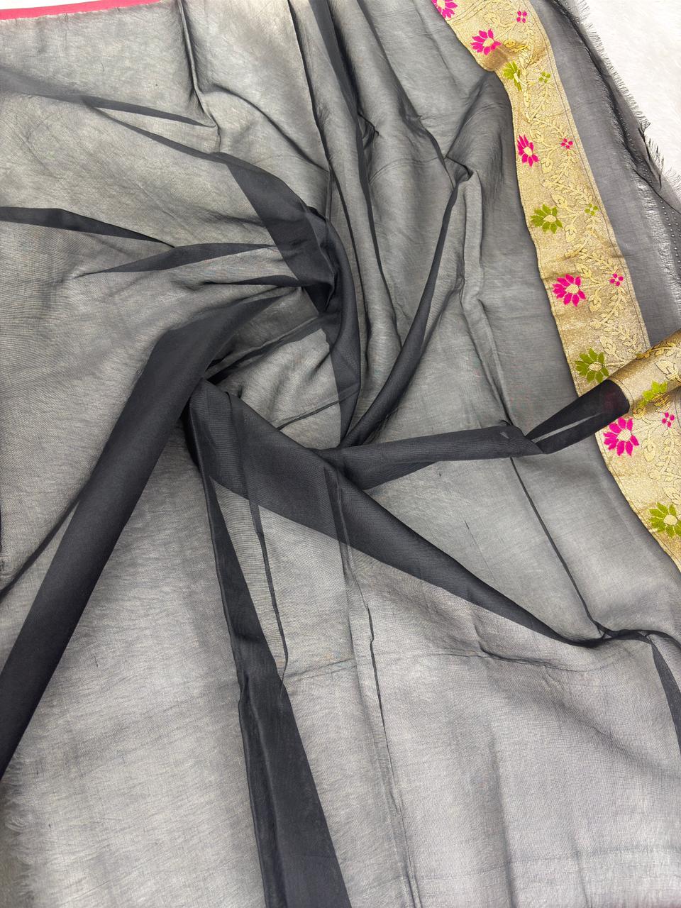 Midnight Black Premium Jamdani Saree with Floral Trellis Jaal