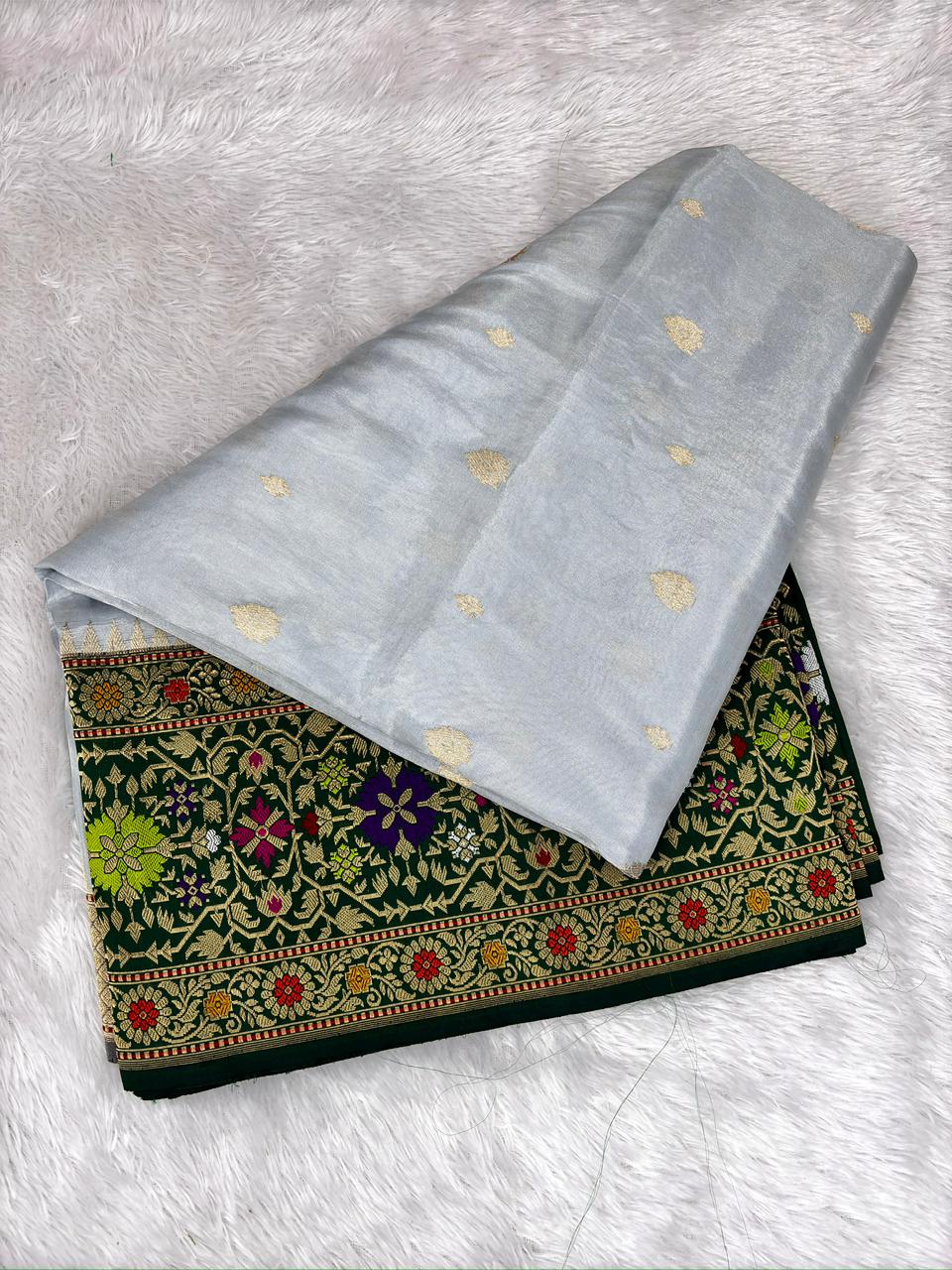 Premium Silver-Grey Tissue Silk Handloom Banarasi Saree with Meenakari Kadhwa Border