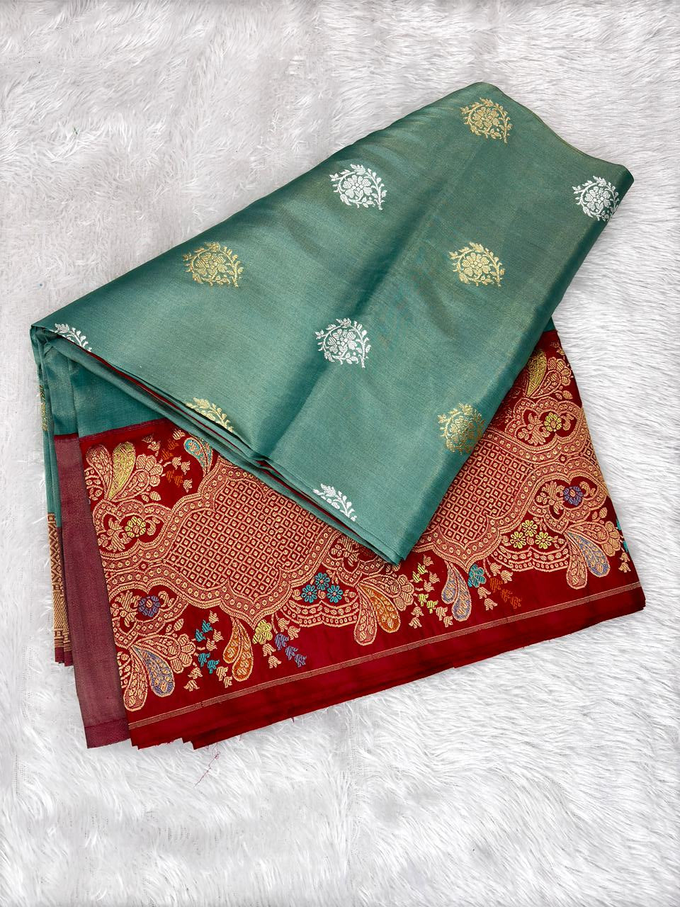 Premium Seafoam Green Tissue Silk Handloom Banarasi Saree with Crimson Kadhua Meenakari Border