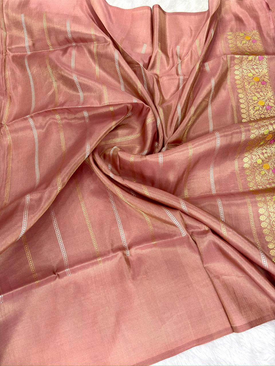Silver-Grey Tissue Silk Banarasi Saree with Copper-Pink Kadhua Meenakari Border & Sona-Rupa Buti