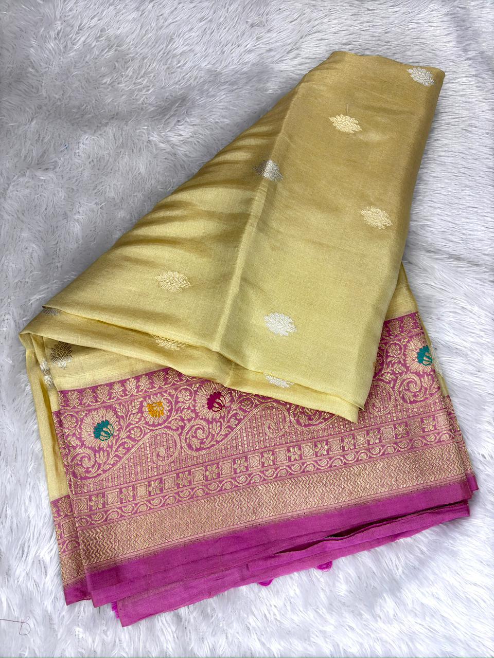 Premium Ivory Tissue Silk Banarasi Saree with Rani Pink Kadhua Meenakari Border & Sona-Rupa Buti