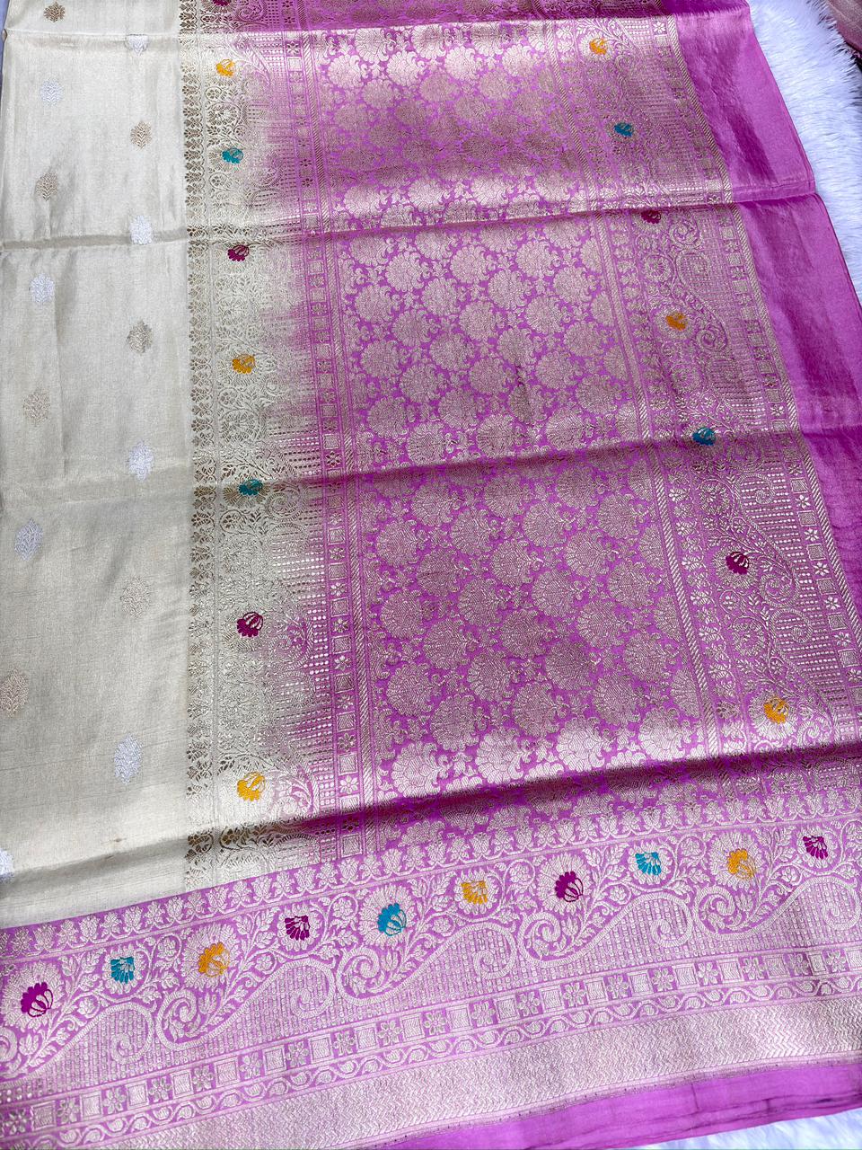 Premium Ivory Tissue Silk Banarasi Saree with Rani Pink Kadhua Meenakari Border & Sona-Rupa Buti