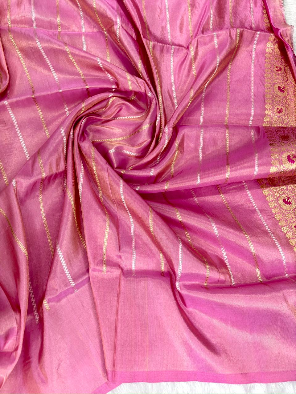 Premium Ivory Tissue Silk Banarasi Saree with Rani Pink Kadhua Meenakari Border & Sona-Rupa Buti