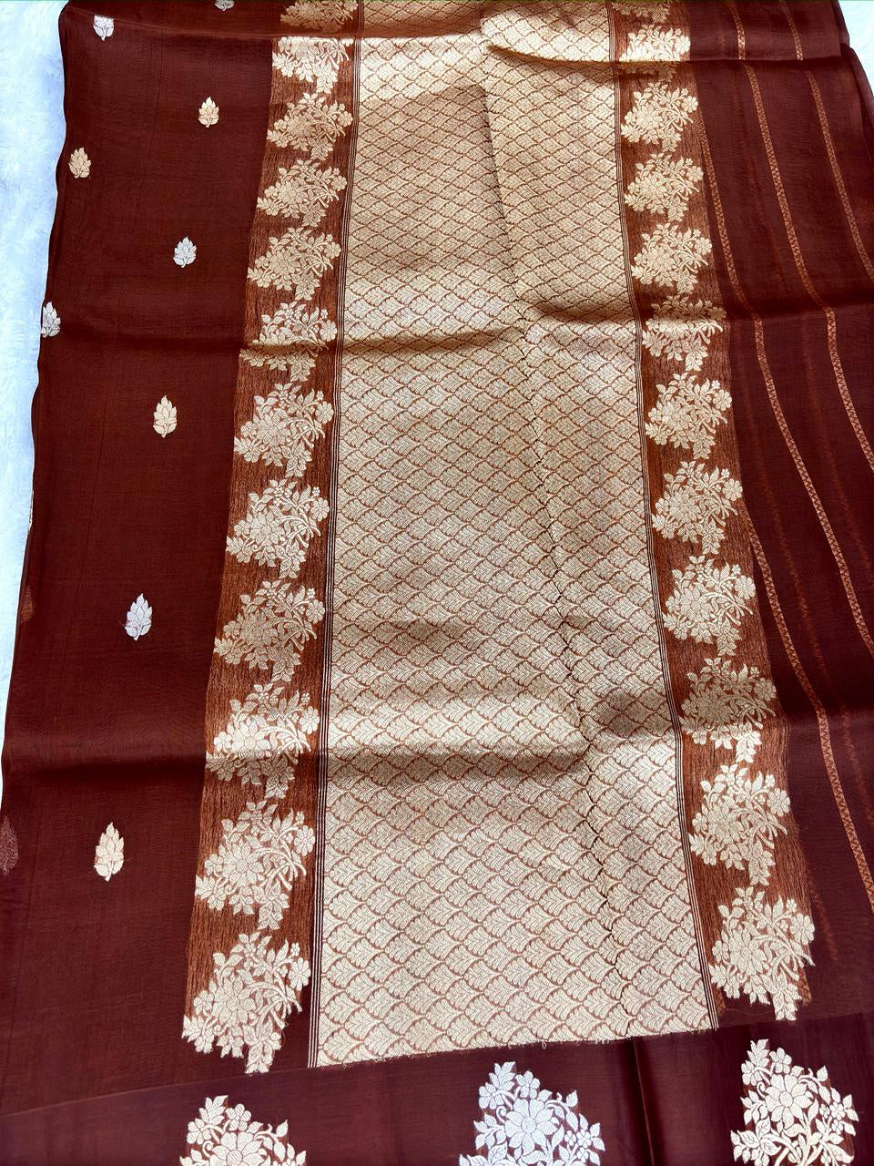 Exquisite Chocolate Brown Banarasi Kora Designer Kadhua Saree