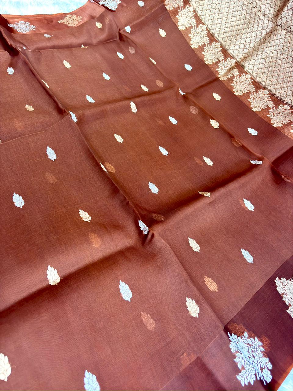 Exquisite Chocolate Brown Banarasi Kora Designer Kadhua Saree