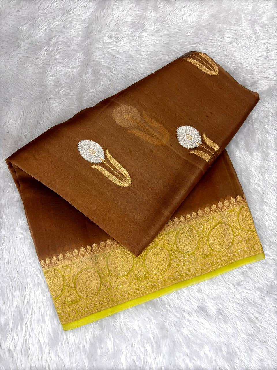 Elegant Mocha Brown Kora Designer Kadhua Banarasi Saree with Silver Zari Floral Motifs and Lime Green Contrast Border