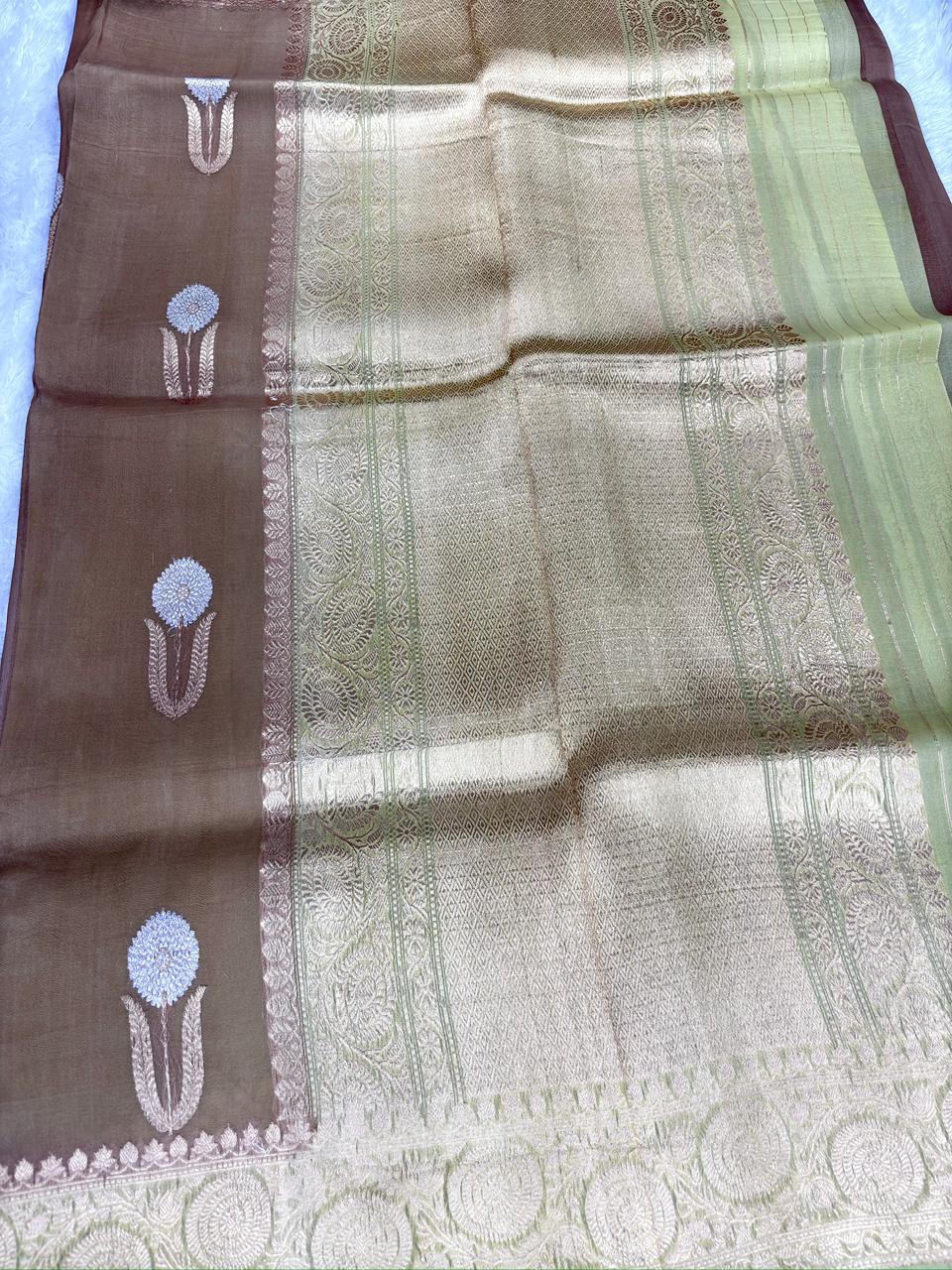 Elegant Mocha Brown Kora Designer Kadhua Banarasi Saree with Silver Zari Floral Motifs and Lime Green Contrast Border