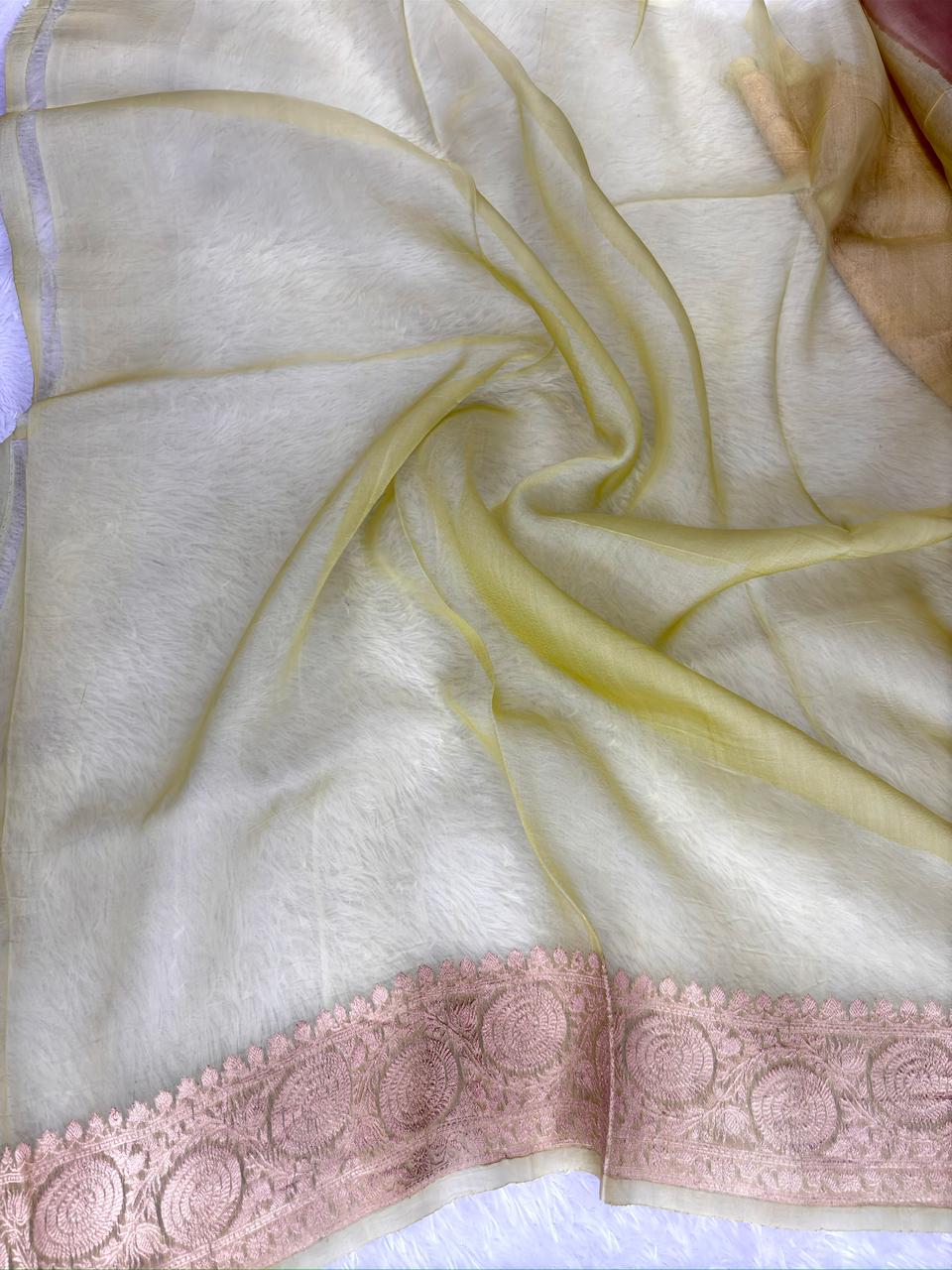 Elegant Mocha Brown Kora Designer Kadhua Banarasi Saree with Silver Zari Floral Motifs and Lime Green Contrast Border