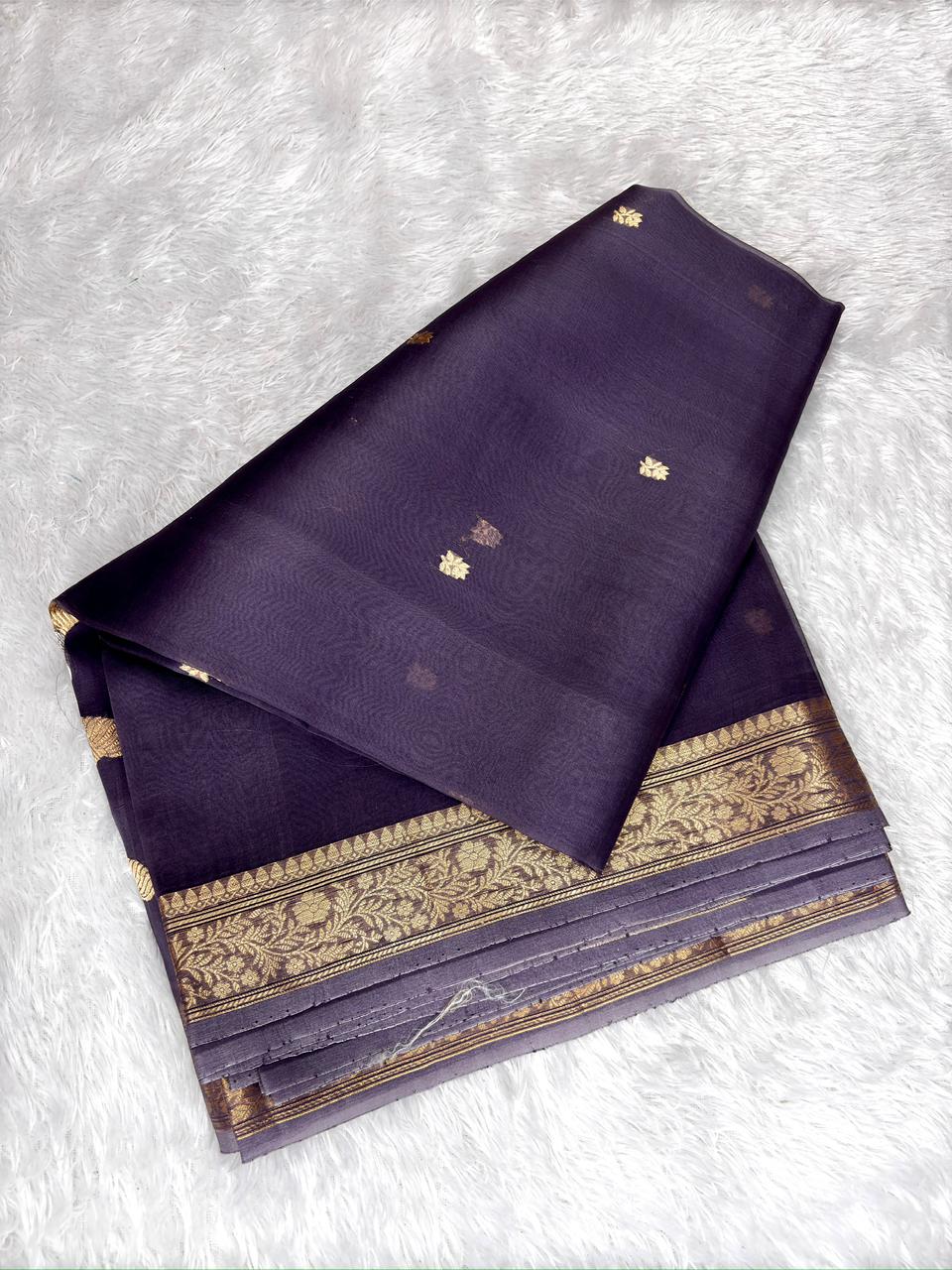 Deep Plum Purple Kora Silk  Designer Kadhua Saree with Antique Gold Zari & Scalloped Floral Border