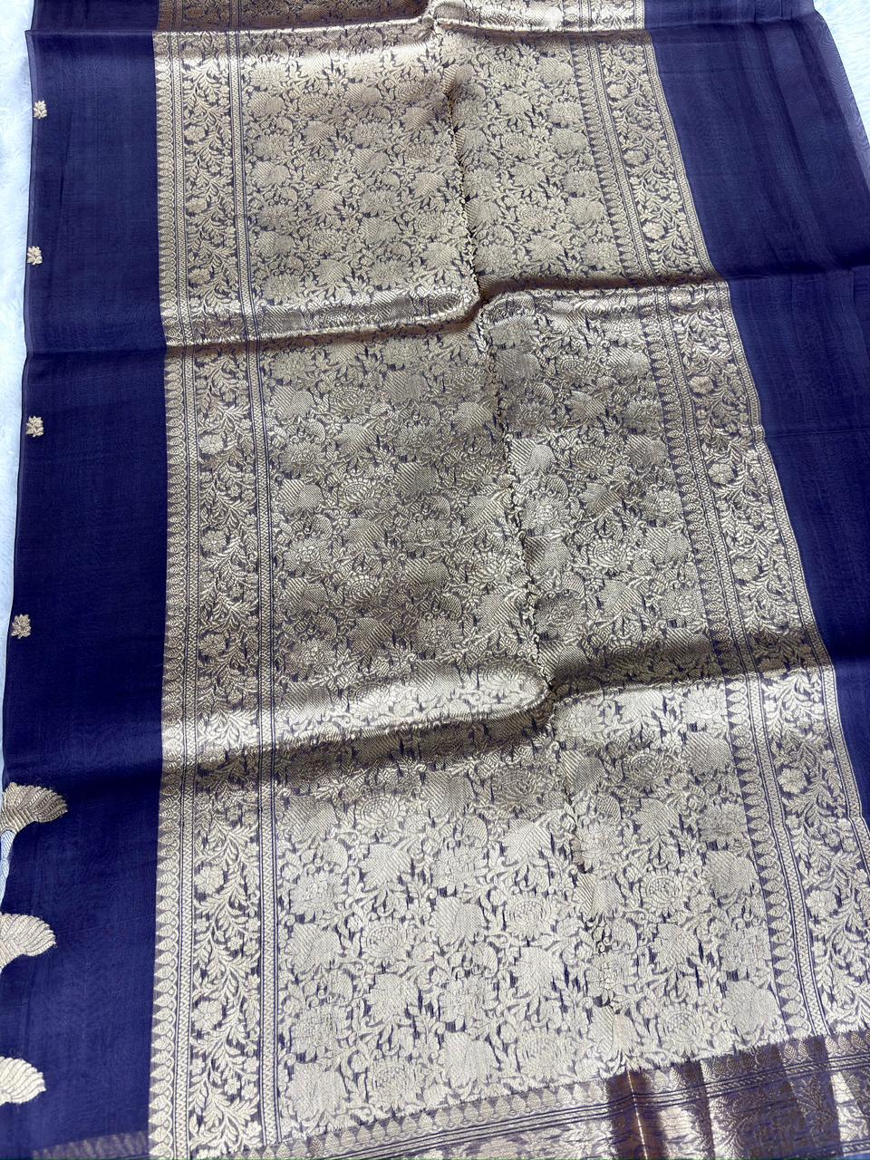 Deep Plum Purple Kora Silk  Designer Kadhua Saree with Antique Gold Zari & Scalloped Floral Border