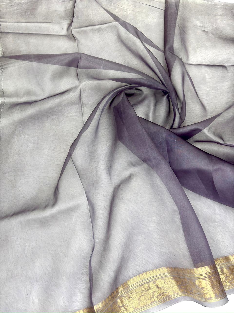 Deep Plum Purple Kora Silk  Designer Kadhua Saree with Antique Gold Zari & Scalloped Floral Border