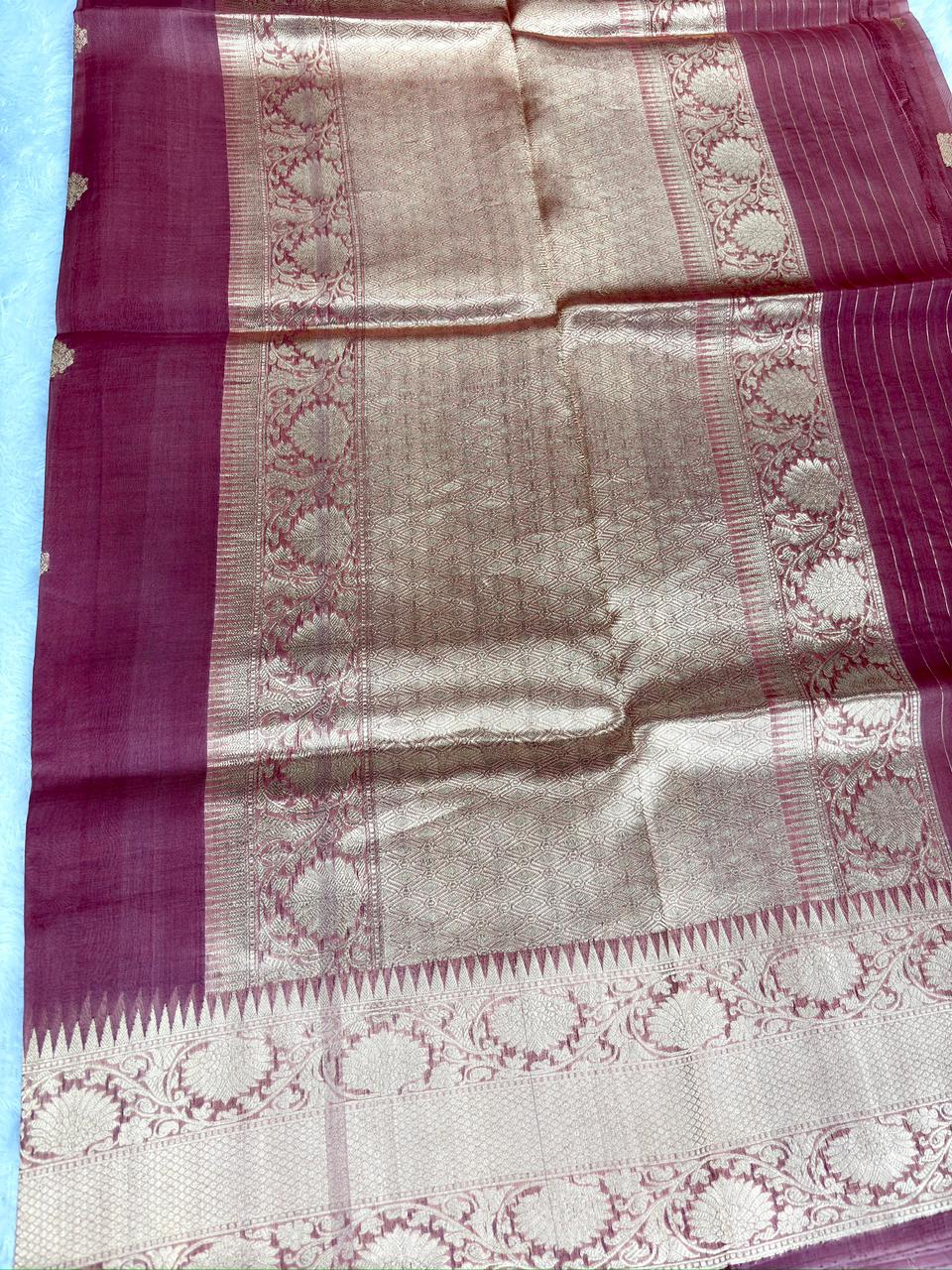 Wine Red Banarasi Kora Silk Designer Kadhua Saree with Temple Border & Floral Zari Work