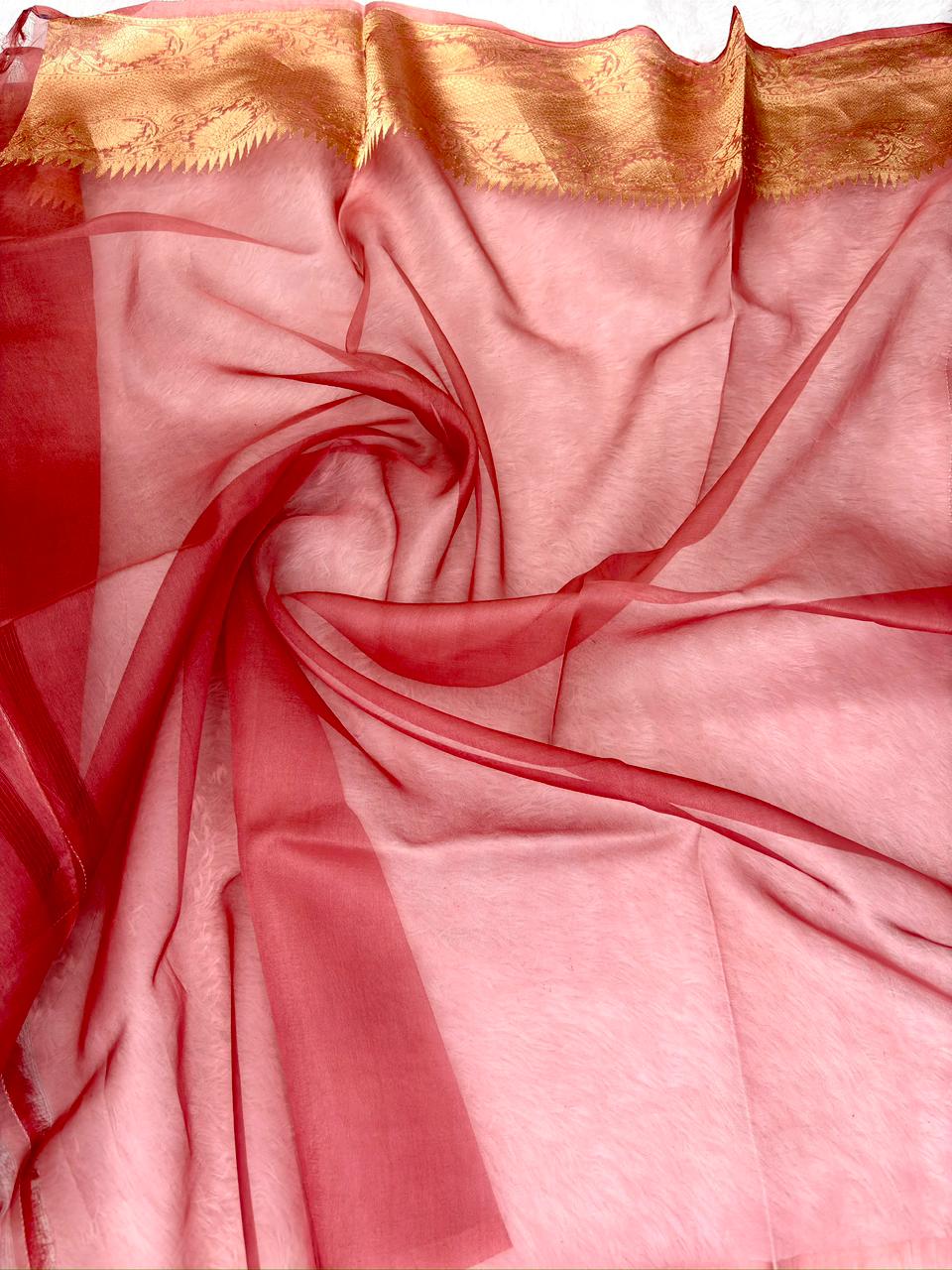 Wine Red Banarasi Kora Silk Designer Kadhua Saree with Temple Border & Floral Zari Work