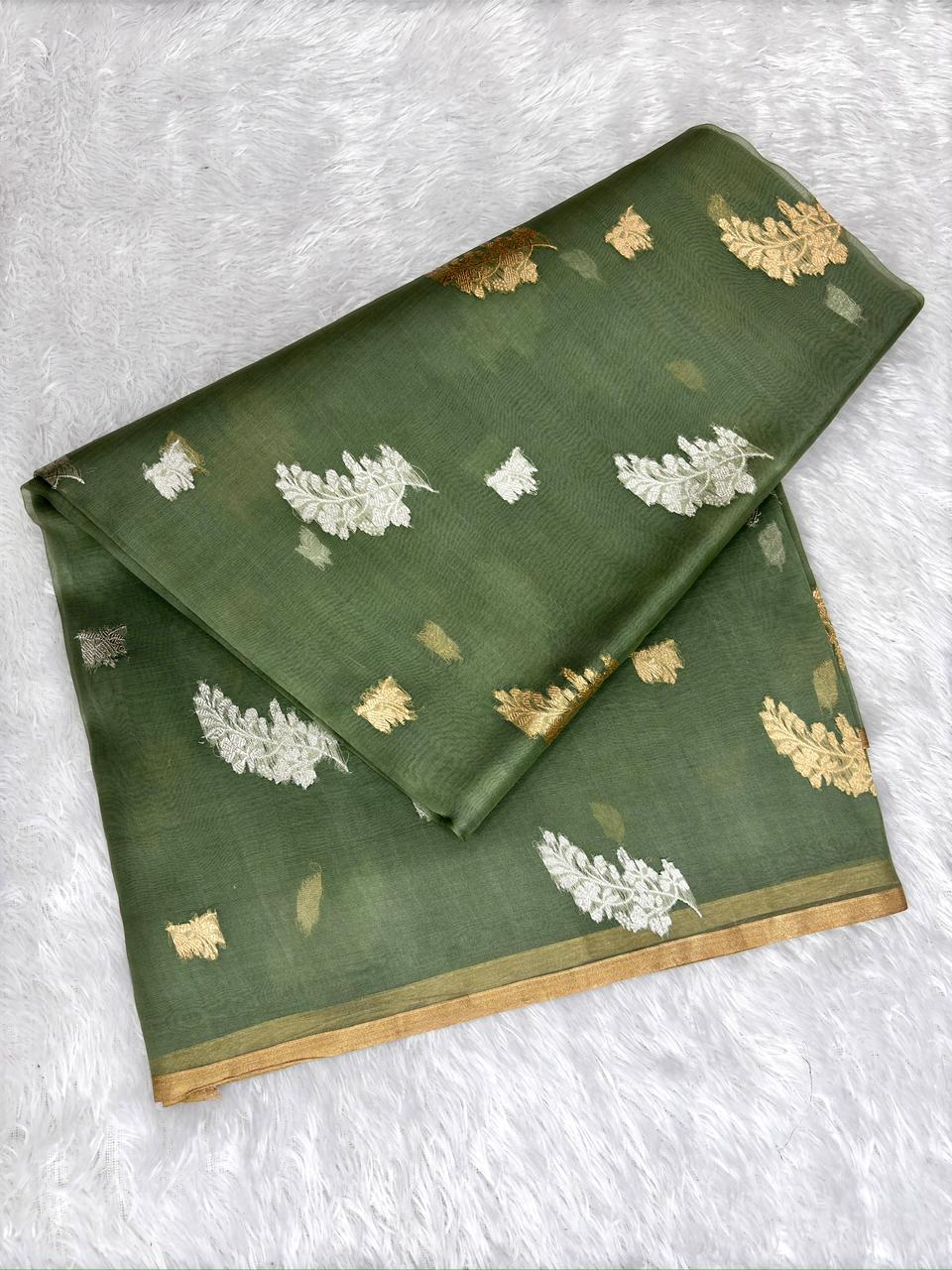 Dual-Tone Zari Kora Silk Designer Kadhua Saree - Earthy Green with Geometric Pallu