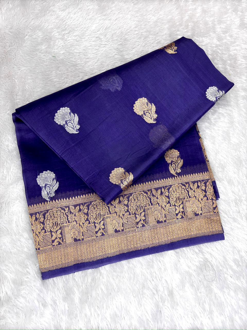 Royal Blue Kora Silk Designer Kadhua Saree - Dual Tone Zari Butta & Brocade Pallu